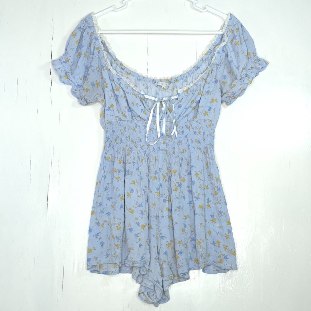 Love Tree Ditsy Floral Light Blue Off-the-Shoulder Mini Romper M